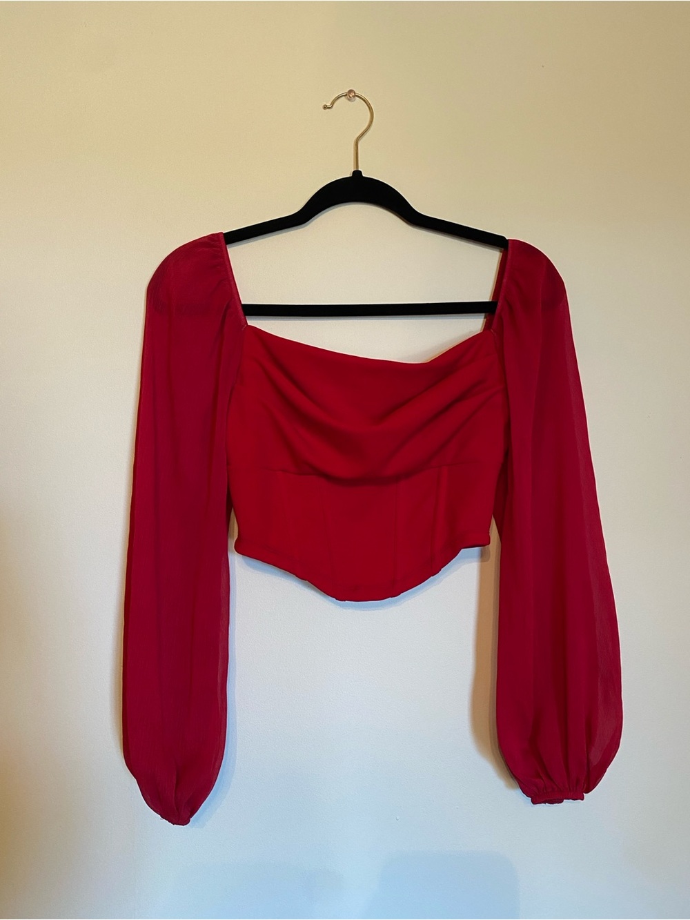 SHEIN Red Long Puff-Sleeve Square Neck Crop Blouse